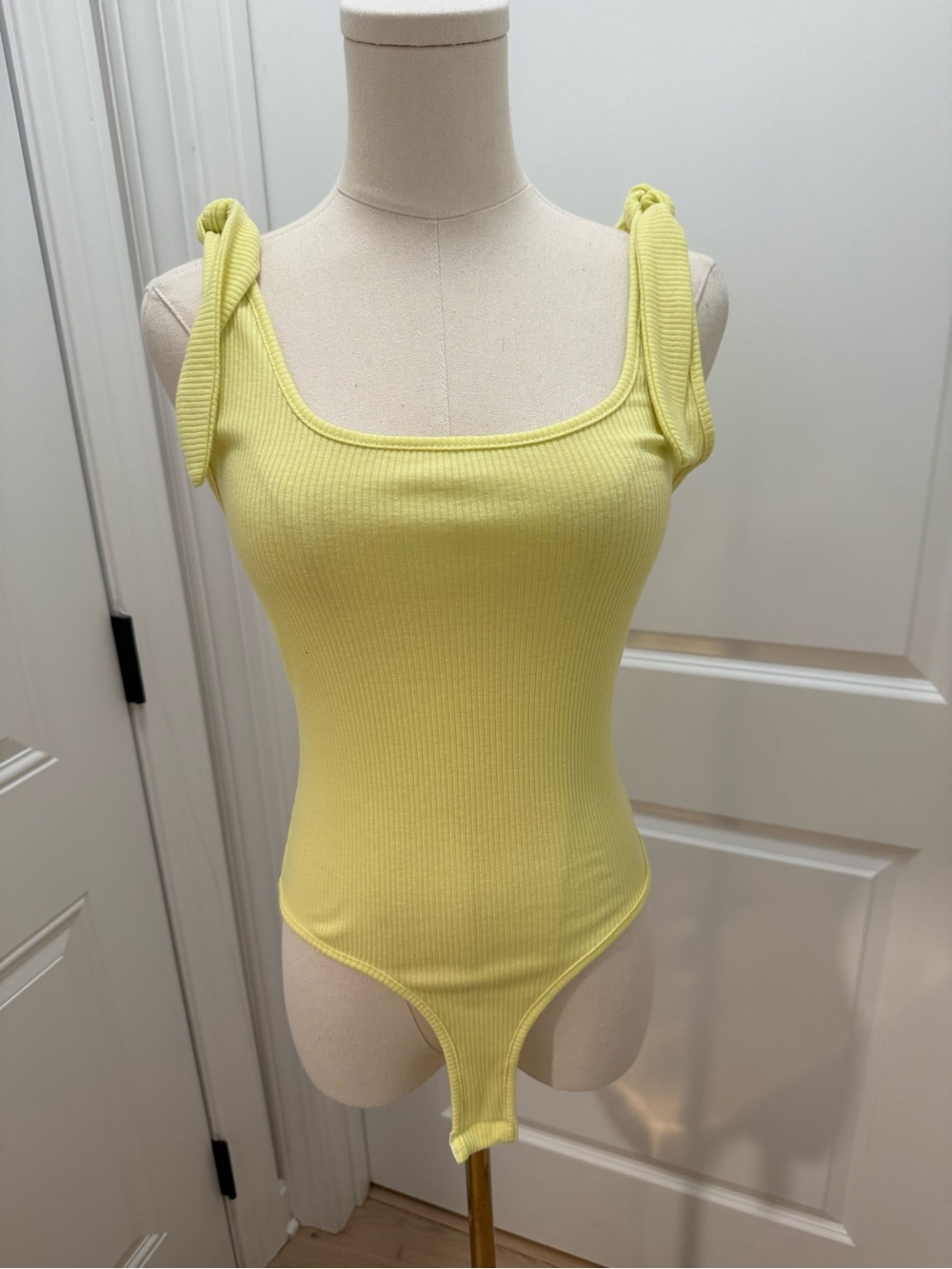 Tie-Shoulder Ribbed Yellow Bodysuit